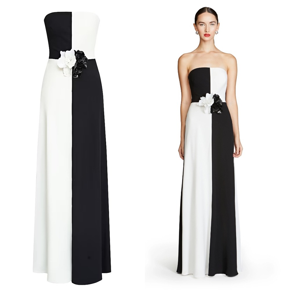 Halston Heritage Black and White Strapless Column Gown with Floral Accent